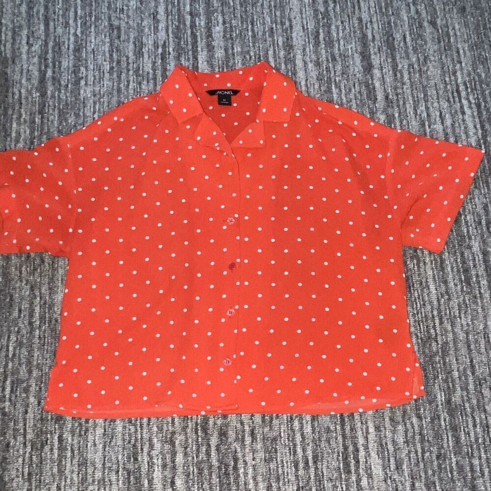 90s Y2K Monki Womens Blouse Size XS Red White Polka Dot Cropped SS Retro